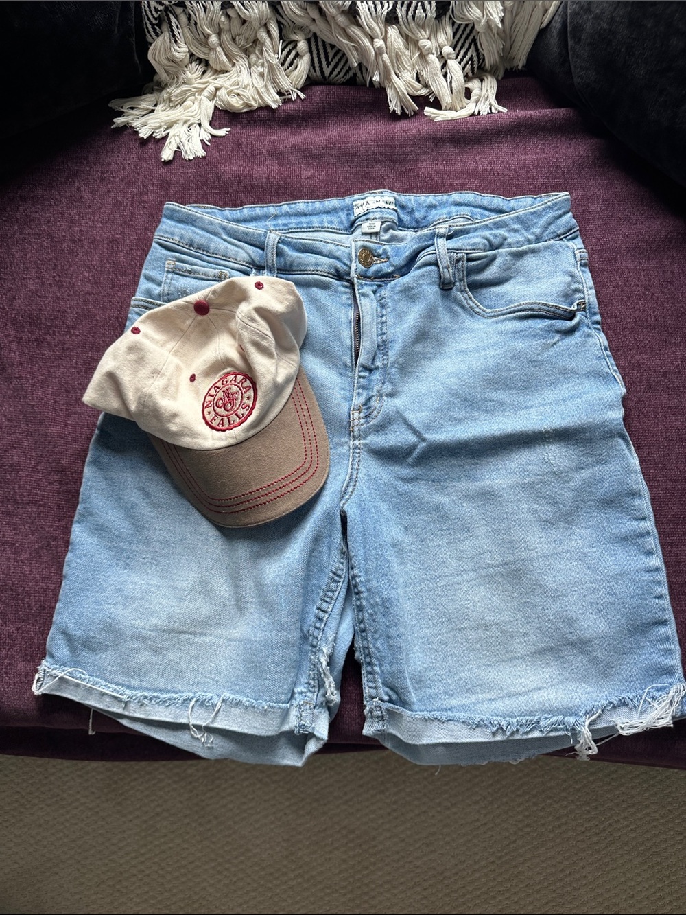 Cap and Light Wash Denim Bermuda Shorts - Blue